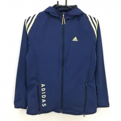 【超美品】アディダス ナイロンジップパーカー ネイビー×ライトイエロー 裏地メッシュ 3ライン レディース S ゴルフウェア adidas