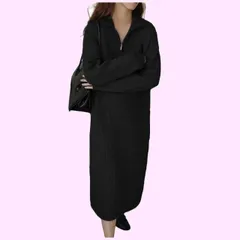 Size:Free Size_Color:ブラック [Lilly chocolate] ニットワンピース レディース 秋冬 秋 冬 ロング 長袖 ワンピ ニット ワンピース ロング丈ワンピース ロングワンピース ロング丈 タイト 無地 厚地 マタニティ ゆった