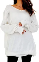 Sleeping Sheep(スリーピング シープ) スリーピングシープ ゆったり ちょいなが Vネック コットン ニット 無地 ロング セーター シンプル チュニック 大きいサイズ レディース(ホワイト,  LL-3L)