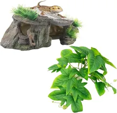 Archnote 爬虫類 シェルター レオパ カナヘビ トカゲ 亀 浮島 陸地 人工植物 葉 飼育 隠れ家 イモリ 水槽 テラリウム ビバリウム セット(グレー)のサムネイル