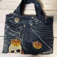 ジーンズリメイクデニムトートバッグ スカル　クラウンbag-0021