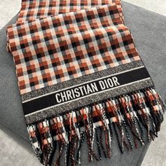 [希少人気]Dior ディオール チェック柄マフラー CHECK`N`DIOR 大判ストール ショール ロゴ フリンジマフラー グレー ブラウン