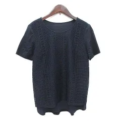 トランスワーク TRANS WORK カットソー 半袖 切替 レース クルーネック 38 紺 ネイビー /CT ■MO