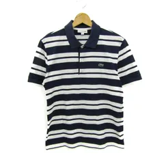 ラコステ ポロシャツ 半袖 スリムフィット ボーダー トップス メンズ US Mサイズ ネイビー×ホワイト LACOSTE 【中古】