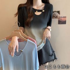 【美品・未使用新品】半袖です☆夏新作ドーパミン・グラデーションカラー・アイスシルクニットセーター レディース 大きいサイズ カジュアルトップス
