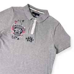 TOMMY HILFIGER トミー ヒルフィガー アメリカ国旗 鹿の子 半袖 ポロシャツ L/グレー メンズ