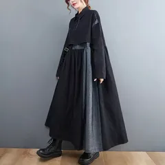 バイカラー マキシ丈 デニムワンピース ロングワンピース 長袖 ゆったり モード オシャレ 大人かわいい ブラック 体型カバー