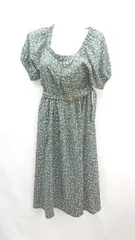 ◇ ◎ COLZA フロントボタン ウエストゴム 花柄 半袖 ひざ丈 ワンピース サイズS グリーン/ホワイト/イエロー レディース E  【1308290010709】