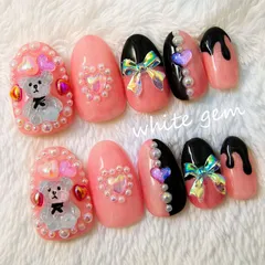 ゆめかわネイル 可愛い ハートネイル リボンネイル くま ピンク ネイルチップ [Ato013]