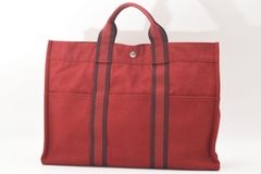 HERMES エルメス フールトゥ MM トートバッグ ハンドバッグ レッド A4収納可能 キャンバス シルバー金具 ユニセックス 2414-32 （219）