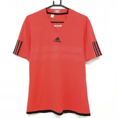 【超美品】アディダス Tシャツ オレンジ 織生地 ロゴプリント 袖3ライン メンズ  ゴルフウェア adidas
