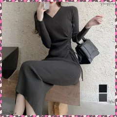 送料無料 カシュクール リブニットワンピース 秋冬 サイドレースアップ タイトワンピース 大人カジュアル 韓国風 ロングワンピース きれいめ ミモレ丈ワンピース 暖かい 細身長袖ワンピース 着回しニットワンピ インナーワンピ無地