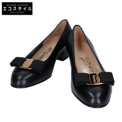 Salvatore Ferragamo サルヴァトーレフェラガモ 新品同様 レザー ヴァラリボン チャンキーヒールパンプス 6D