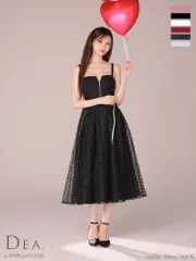 ブラック[DE2974-B-2411]【DEA. by ROBE de FLEURS/ディアバイローブドフルール】フロントジッパー/ チュール/ キャミソール/ Aライン/ フレア/ ミモレ丈/ ミディアム丈/ ワンピース/ ミディアムドレス/ キャバドレス