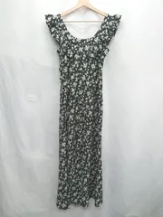 ◇ ⊂ N.s ウエスト紐付き 花柄 フリル装飾 ロング丈 ワンピース サイズL ブラック ホワイト レディース E  【1502180013287】