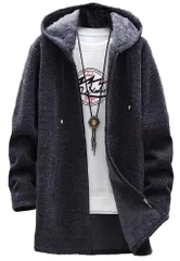 [アスペルシオ] フードつき ジップアップ ロングコート ビター系 お洒落 裏起毛 アウター メンズ 長袖 裏ボア カーディガン ジップアップパーカー ストリート系 暖かい ジッパー カッコいい b系 コート ブルゾン ニット デザ [ダークグレー] [XL]