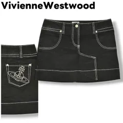 【美品】 日本製 ヴィヴィアンウエストウッド VivienneWestwood 台形 デニム ミニ スカート ジップアップ シルバーステッチ オーブロゴ 刺繍 2 ブラック ガーリー ストリート カジュアル ウェア レディース ♪