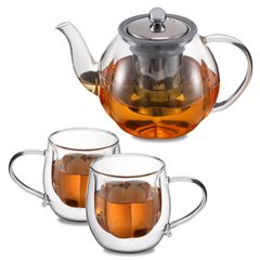 紅茶 紅茶 緑茶 クリアティーポット お茶ポット 茶ポット 電子レンジ対応 食洗機対応 直火可 茶こし付き 透明 おしゃれ ポット ３点入 急須 耐熱ガラス 270ｍｌ＊2 グラスカップ2個 1000ｍｌ大容量 ティーポットセット VKCHEF