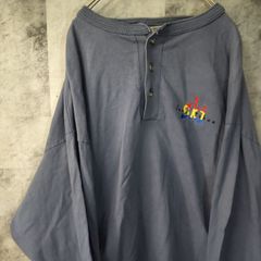 ビンテージ長袖ポロシャツ☆　USA古着　ブルー　刺繍　XL　オーバーサイズ　ビッグサイズ　ノーカラー　C24