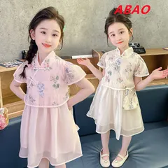 【新商品が大人気です！】ワンピース 子供服 半袖 子供服 女の子 チュール 中華風ワンピース ドレス キッズ 女児 小学生 キッズ 可愛い おしゃれ カジュアル 100cm 110cm 120cm 130cm    140cm   150cm yz651