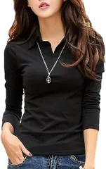 three Joy ポロシャツ レディース 長袖 シンプル カジュアル きれいめ ゴルフウェア スポーツ( ブラック,  XL)