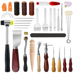 【特売】サムコス レザークラフトキット 革工具セット 初心者 練習 工具 ハンマー 千枚通 革包丁 革用針と糸 打ち具セット レザートリミングホイール 菱目打ち ハサミ 研磨 コバ磨き 測定尺 指貫 のり付け棒 DIY 手作り 手縫い レザークラフト ザーツーのサムネイル
