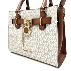 ✨良品✨ Michael Kors マイケルコース トートバッグ ハンドバッグ ショルダーバッグ MK柄 総柄 PVC レザー 革 ホワイト 白色 ブラウン 茶色 ゴールド金具 カデナ 南京錠 レディース メンズ ユニセックス 男女兼用