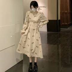 ワンピース 花柄ワンピース【M/ベージュ】 フラワー マキシ丈 花柄ワンピ お嬢様系 コーデュロイ生