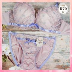 ★D70/M☆美胸ブラ＆ショーツセット ダブルパッド 盛胸 谷間メイク 水玉＆リボン ピンク