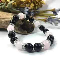 パワーストーン オニキス×ローズクォーツ ブレスレット (シルバー) 10mm メンズ・レディース 魔除け 厄除け 邪気祓い 目標達成   [11]