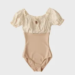 ストライプ柄ガーリー水着 M ワンピース オフショル パフスリーブ 体型カバー