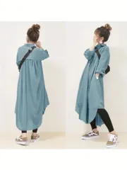 女性用ヴィンテージ風ロングスリーブマキシドレス、フロントポケット付き - カジュアルルーズフィット、ラウンドネック、ライトブルー、ポリエステルブレンド、オールシーズン着用、ロングスリーブドレス