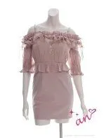 ピンク [AOC-3882]【an/アン】ラメ/ 楊柳シフォン/ フリル/ ジッパー/ ビジューキャミ/ 2WAY/ オフショル/ 五分袖/ タイト/ ミニドレス/ キャバドレス / ワンピース