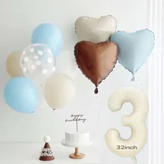 new❤︎くすみナンバーバルーンクリーム&ハート型バルーン＆風船7Pセット　バースデー　１歳　２歳　３歳　男の子　4歳　女の子　ベビー水色