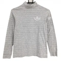 【美品】パーリーゲイツ 長袖ハイネックシャツ 杢ライトグレー×白 ボーダー コットン混 レディース 0(S) ゴルフウェア PEARLY GATES