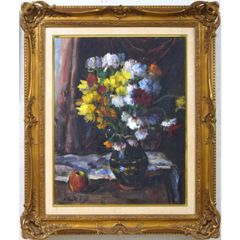 P・バック(P・BAK　Janos)「りんごと花の静物」油絵・変形20号 現代ハンガリー画壇を代表する巨匠 小竹美術 真作保証