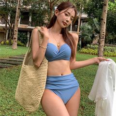 ☆ Blue ☆ Size S ☆ Swimsuit Bikini Women's Swimsuit Bikini Wrap Bikini Shorts Bra Top Swimwear High Waist Shorts Cross Design Back Ribbon Underwire Cute Stylish Fashionable Vacation Simple