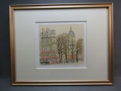 リトグラフ　金沢満寿雄　「カフェ・ラ・ロンド」　額装品