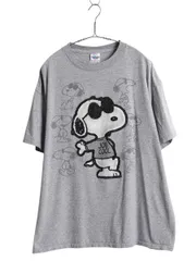 【お得なクーポン配布中!】 00s スヌーピー フロッキー プリント Tシャツ メンズ レディース XL 古着 オールド キャラクター ピーナッツ イラスト 大きいサイズ グレー