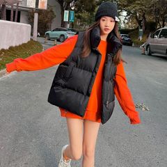 中綿ベスト レディース 韓国 中綿 ベスト アウター 秋冬 秋 冬 防寒 かわいい おしゃれ ベージュ もこもこ スタンド フードなし フェイク ダウン ダウンベスト ジャケット 白 黒 カジュアル 大きいサイズ 韓国ファッション ストリート