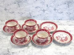 NIKKO ニッコー DOUBLE PHOENIX ダブルフェニックス カップ & ソーサー4客＋ソーサー2枚 セット 赤山水図 レトロ 赤絵 金彩 金縁【中古】MN2053MIY【Shops 匿名配送】