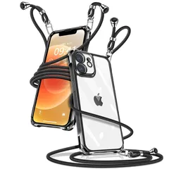 iPhone12 mini ケース クリア ショルダー iPhone12mini スマホケース アイフォン12mini カバー 肩掛け 斜めかけ 縄掛けケース 透明 薄型 軽量 TPU 携帯ケース 紐付き 斜めがけ 織りストラップ付き 長さ調整可能 取り外 0