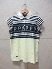 パーリーゲイツ PEARLY GATES ポロシャツ フレンチスリーブ ボーダー ロゴ 刺繍 サイズ0 白 ネイビー イエロー