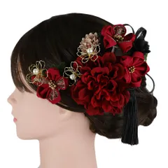 髪飾り 成人式 つまみ細工 赤 ゴールド 振袖 前撮り 袴 花 黒 ピンク ちりめん 組紐 房 パールビーズ 大きい 小さい 2点セット No.9-5356