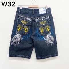 US古着 Jungle 8ight デニム ショートパンツ ワイド ひざ下 刺繍 プリント Y2K W32 濃紺
