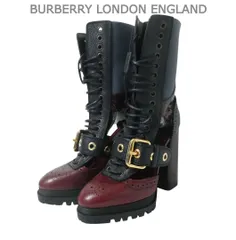 新品同様 BURBERRY LONDON ENGLAND バーバリー ウエストマーシュ ミドルブーツ ロングブーツ スネークレザー メダリオン ベルト レースアップ チャンキーヒール バーガンディ×ブラック×グレー サイズ36 約23cm レディースのサムネイル