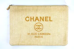 CHANEL シャネル ドーヴィル クラッチバッグ ストロー イエロー ユニセックス ロゴ エンブロイダリー ベージュ A80117