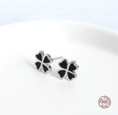 ブラック ラッキー 4葉のクローバー シルバー925 S925 保存袋付 ピアス