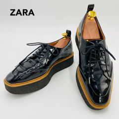 美品 ZARA ザラ モックトゥ厚底チャンキーヒールレザーシューズ