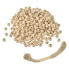 uxcell 約300個セット ウッドビーズ 直径8mm 天然木製ビーズ ラウンド 未仕上げ 手芸用品 ハンドメイドパーツ ネックレス DIY アクセサリー パーティー装飾 （穴の直径：2mm） 麻紐付き